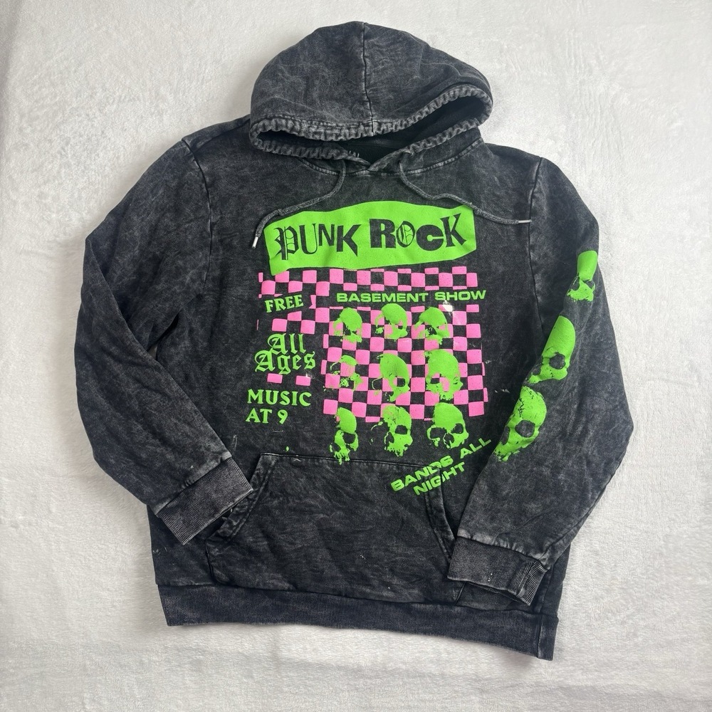Social Collision Punk Rock All Ages Acid Wash Pullover LS Fleece Hoodie Men's M
